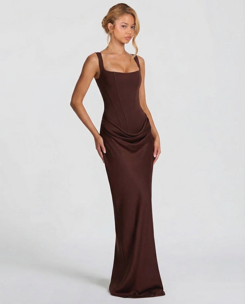 Sienna Laurent Satin Corset Maxi Dress with Draped Detail