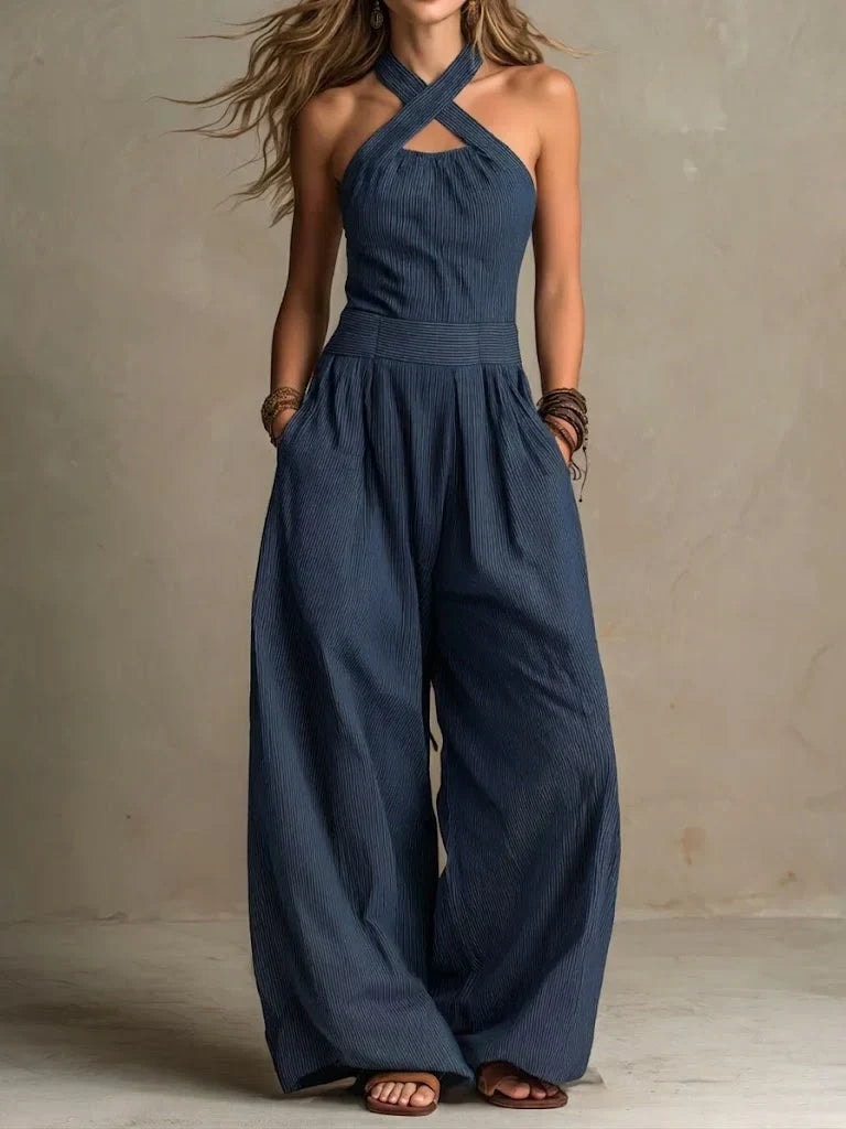 Women's Linen Blend Halter Cross-Neck Wide-Leg Jumpsuit