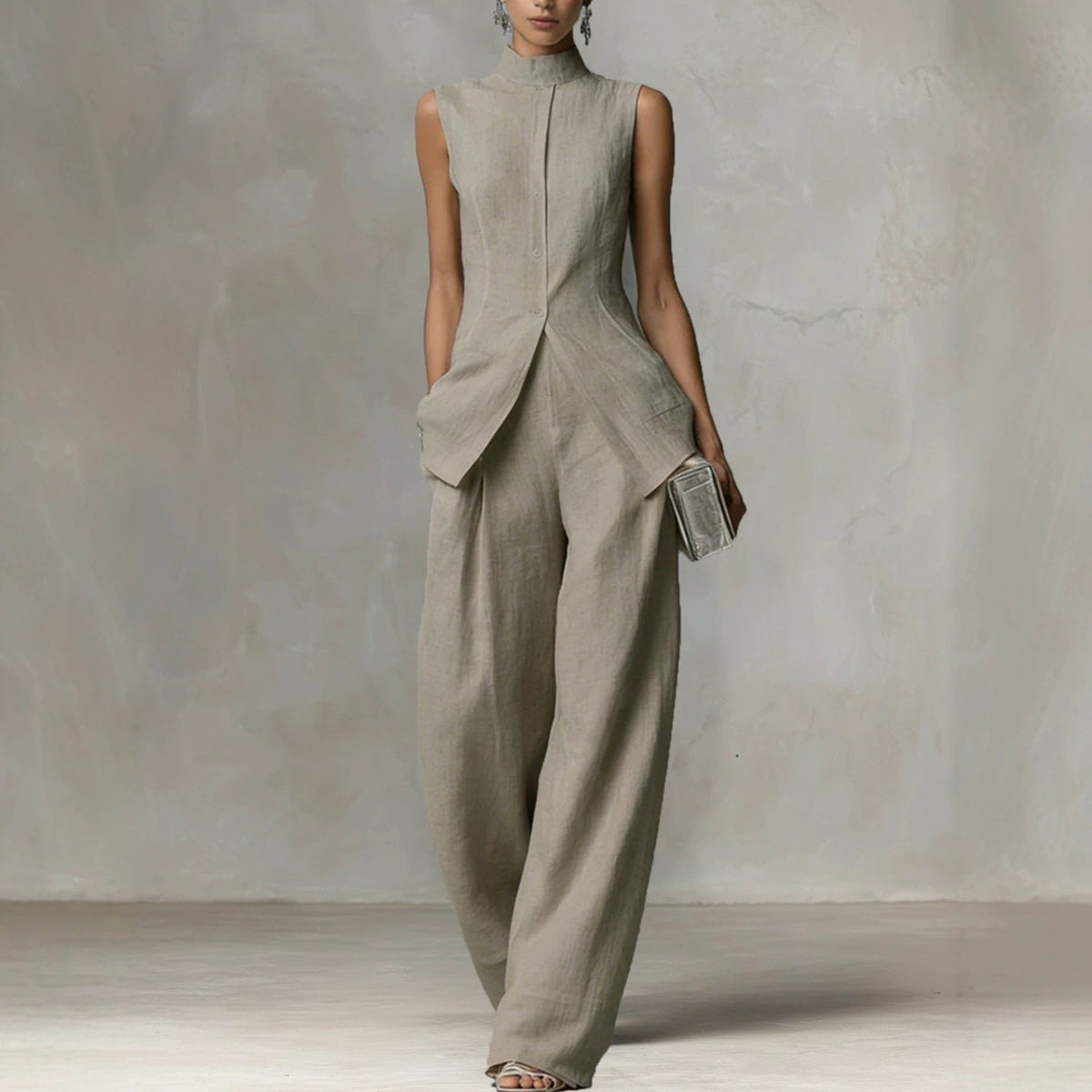 Sleeveless Stand Collar Wide-Leg Linen Jumpsuit with Side Pockets