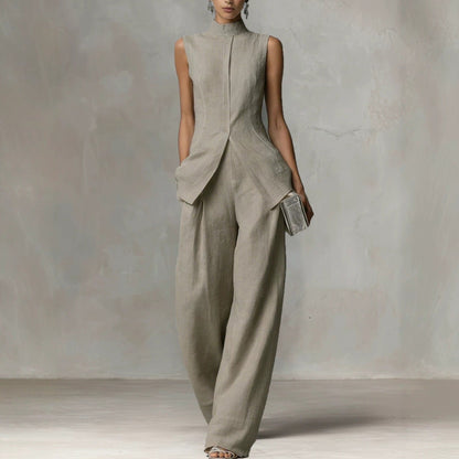 Sleeveless Stand Collar Wide-Leg Linen Jumpsuit with Side Pockets
