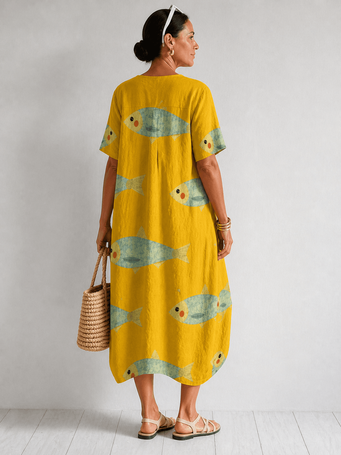 Agnes Fish Print Cotton V-Neck Dress for Women in Midi Length