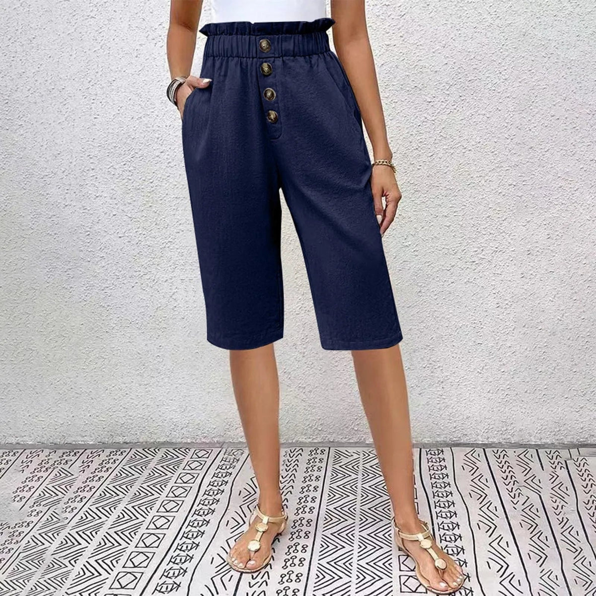 Éloane Paperbag-Waist Button-Front Linen-Cotton Bermuda Shorts