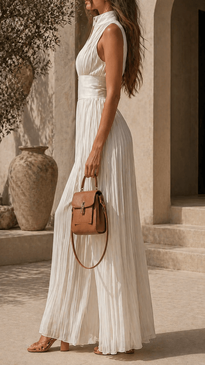 Women's Sleeveless Pleated Wide-Leg Linen Jumpsuit with Zip Front
