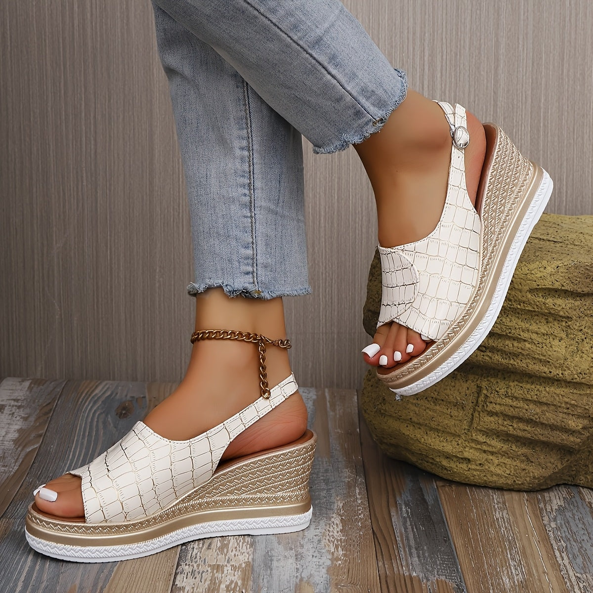 Marbella White Croc-Embossed Slingback Wedge Sandals with Peep Toe Platform