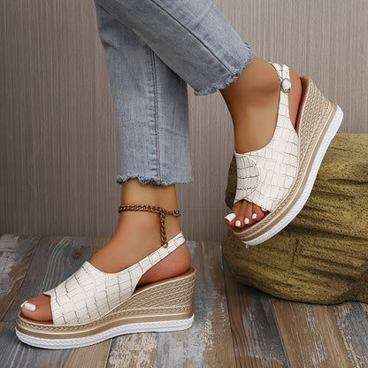 Marbella White Croc-Embossed Slingback Wedge Sandals with Peep Toe Platform