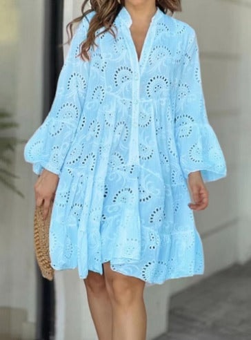 Eyelet Lace Bell-Sleeve Women's Midi Dress with Tiered Ruffle Skirt