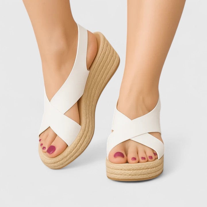 Women's Cushioned Wedge Sandals with Cross-Over Straps and Slingback