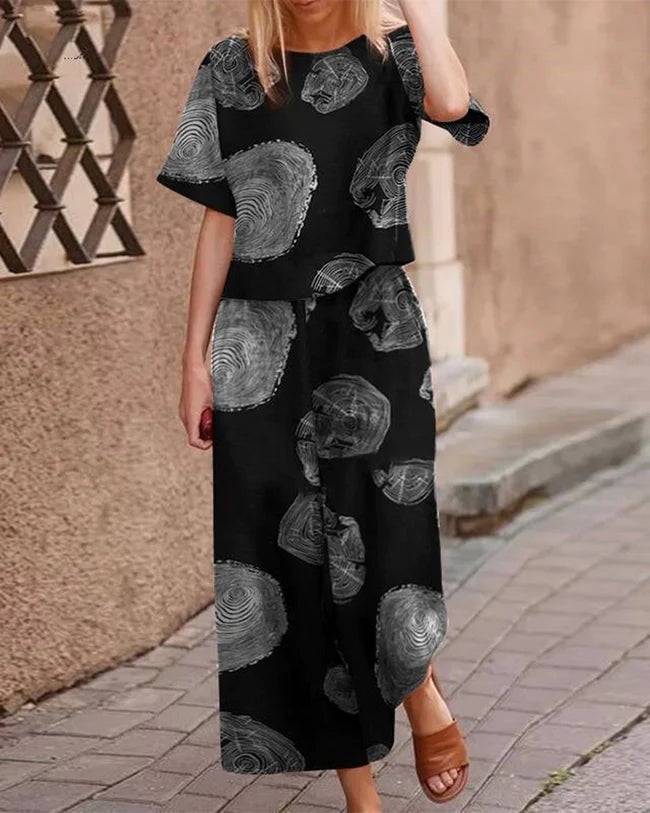 Linen Two-Piece Matching Set with Short-Sleeve Top and Wide-Leg Pants