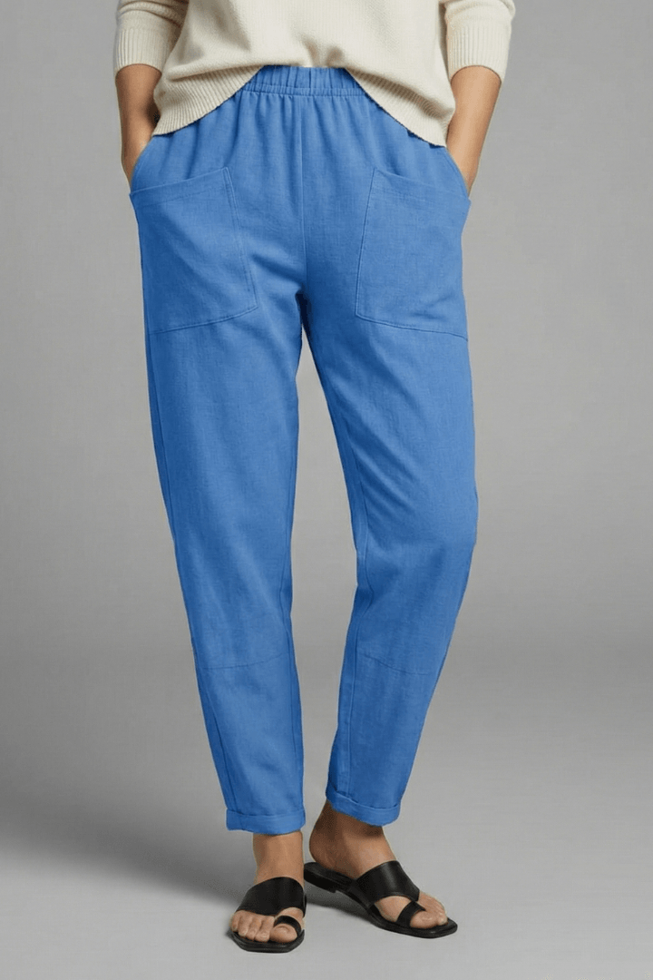 Tapered Ankle-Length Pants with Elastic Waist and Large Patch Pockets
