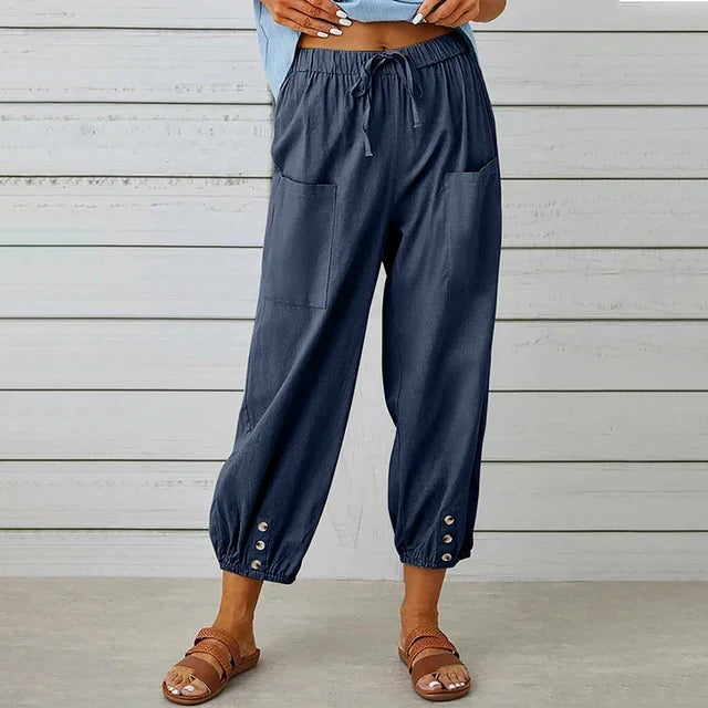 Lena Women's High-Waist Linen Harem Pants with Drawstring