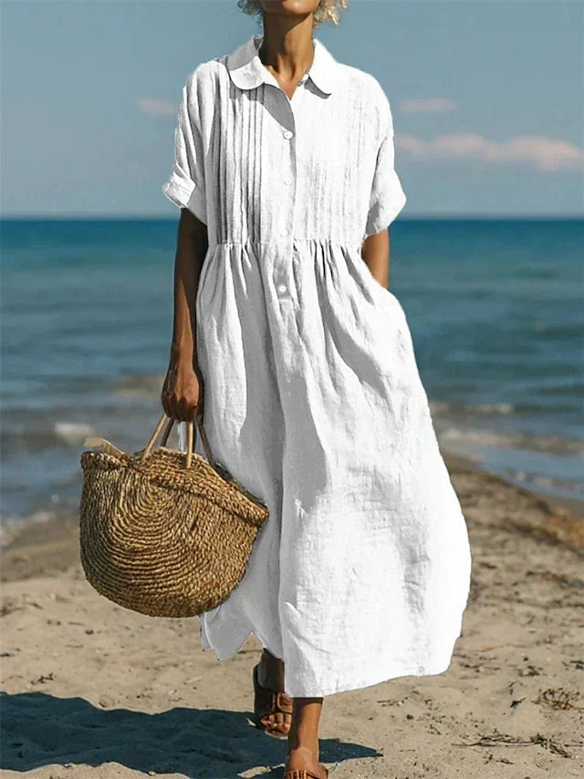 Harper Sutton Pintuck Linen Collared Midi Shirt Dress for Women