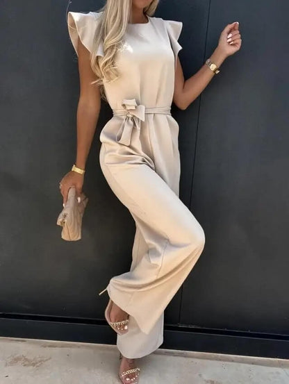 Women's Wide-Leg Linen Jumpsuit with Ruffle Sleeves and Belted Waist
