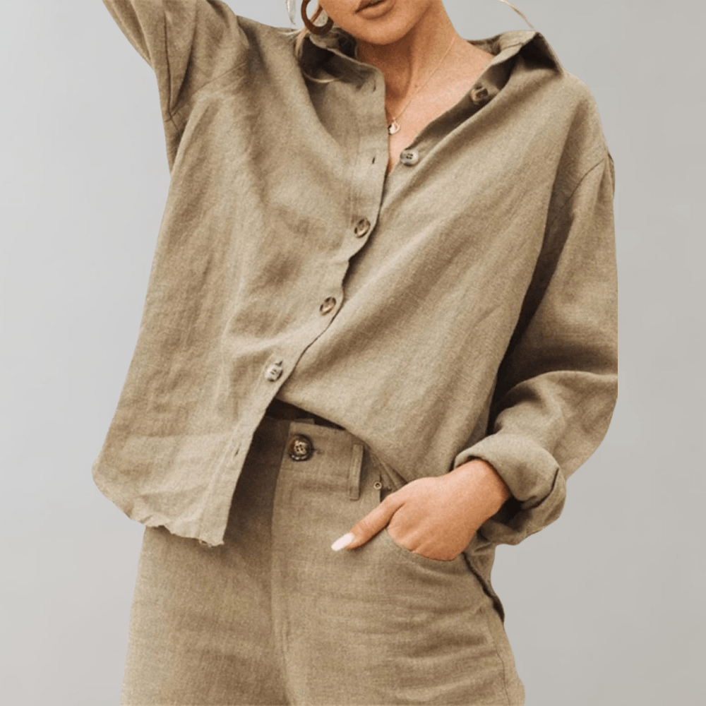 Women's Oversized Linen Blend Button-Up Blouse with Long Sleeves