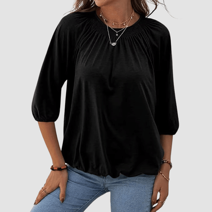 Women's Loose-Fit Shirred Neck Top with Balloon Sleeves