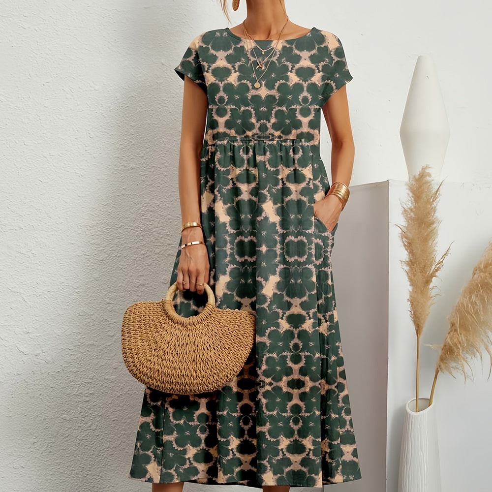 Women's Floral Print A-Line Midi Dress with Short Sleeves