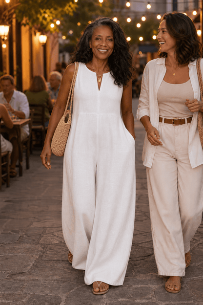 Women's Wide-Leg V-Neck Linen-Look Jumpsuit with Pockets