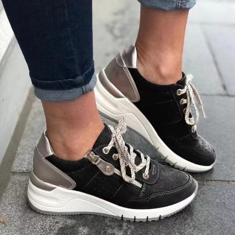 Lace-Up Wedge Sneakers with Side Zip and Perforated Detail