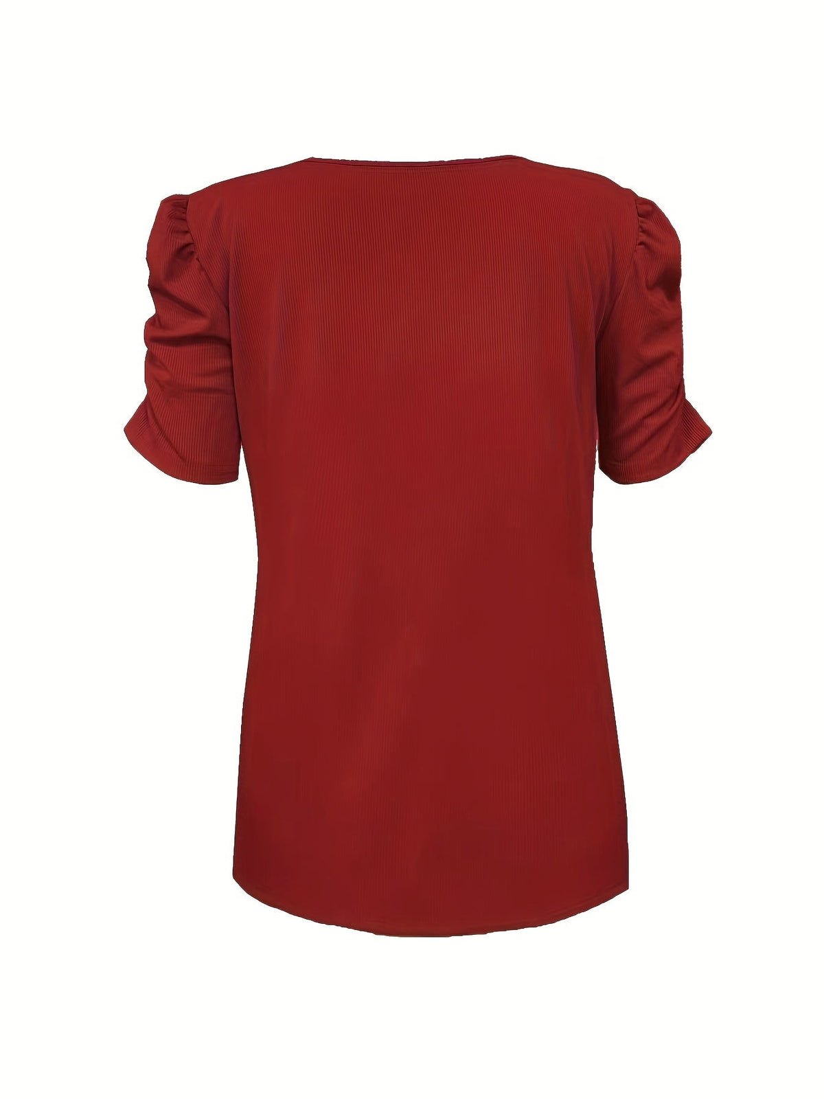 Rica Casual Ribbed V-Neck Top with Ruched Short Puff Sleeves