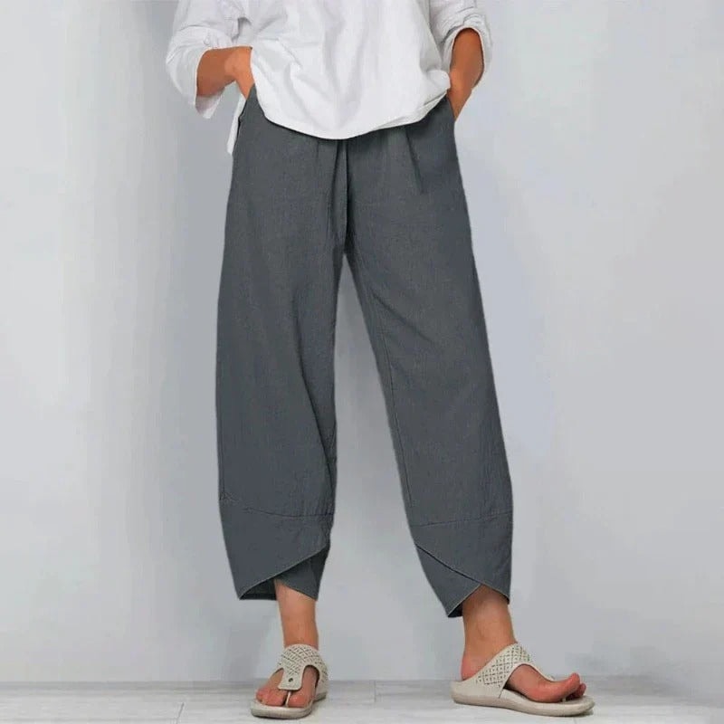Women's Wide-Leg Cropped Linen-Blend Gaucho Pants with Elastic Waist