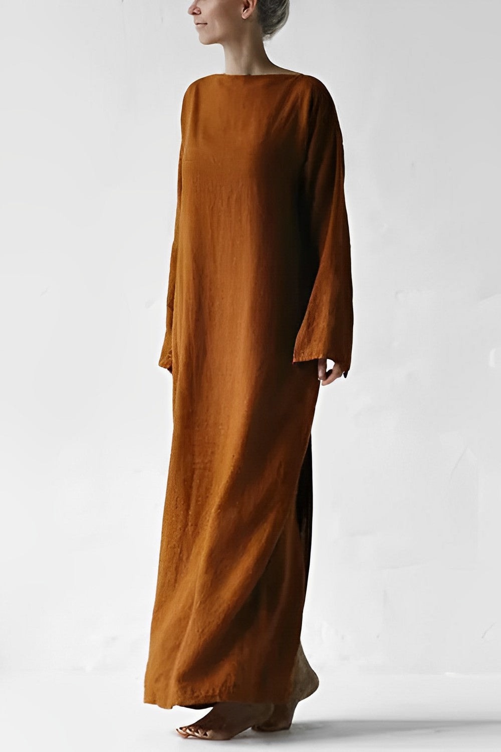 Women's Linen Wrap-Tie Long-Sleeve Dress with Belted Waist