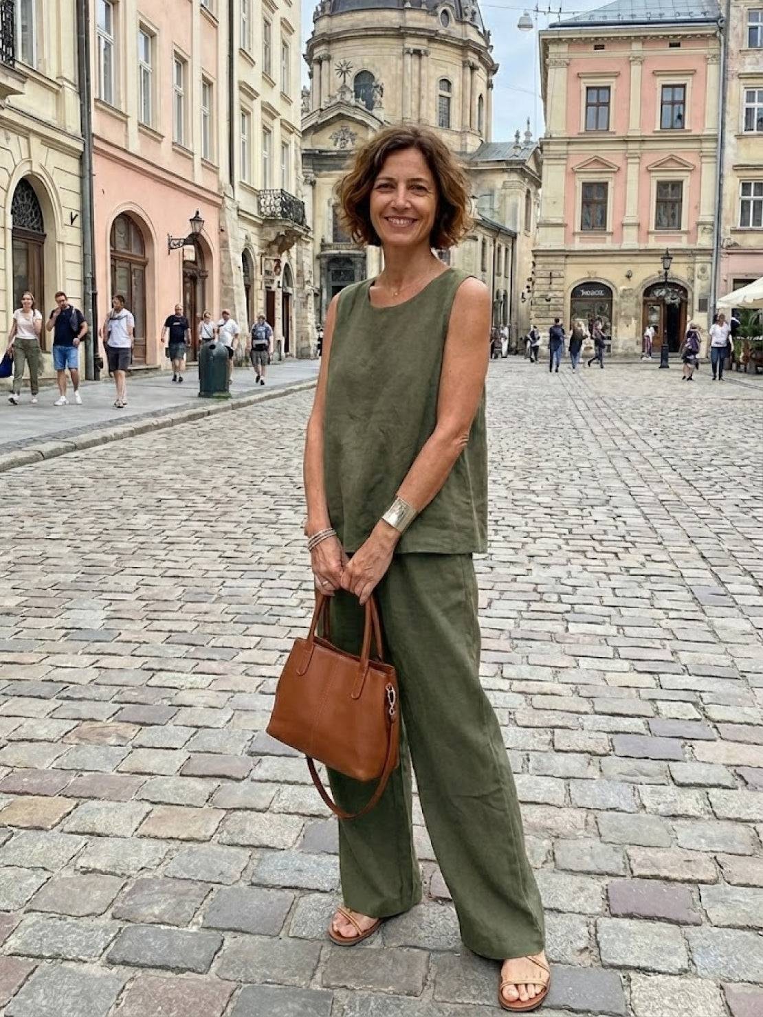 Sage Matching Linen Sleeveless Top and Wide-Leg Pants Two-Piece Set