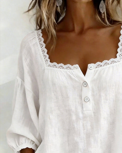 Women's Cotton Linen Long Sleeve Blouse with Square Neckline and Lace Trim