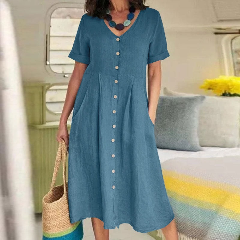 Button-Front Cotton Linen Blend A-Line Summer Midi Dress