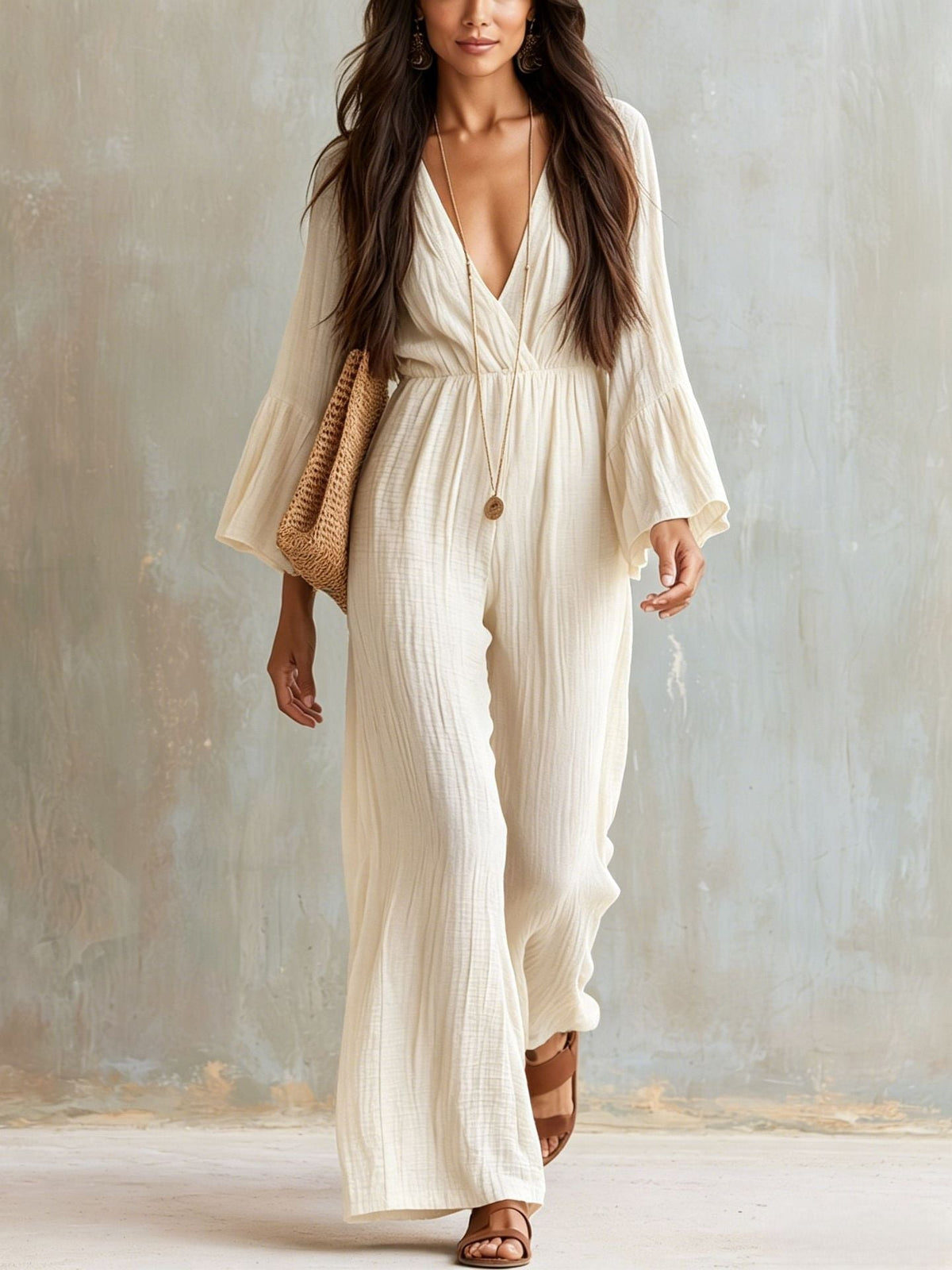 Women's Linen V-Neck Wide-Leg Jumpsuit with Bell Sleeves