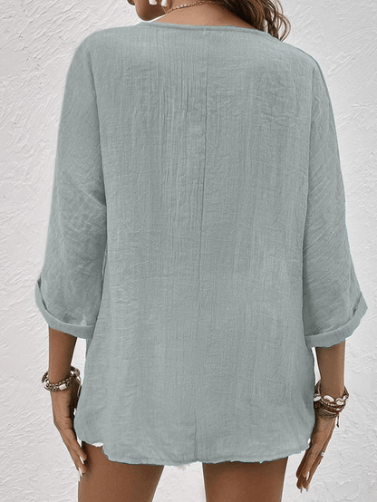 Ava V-Neck Button-Up Linen Blouse with Long Sleeves for Women