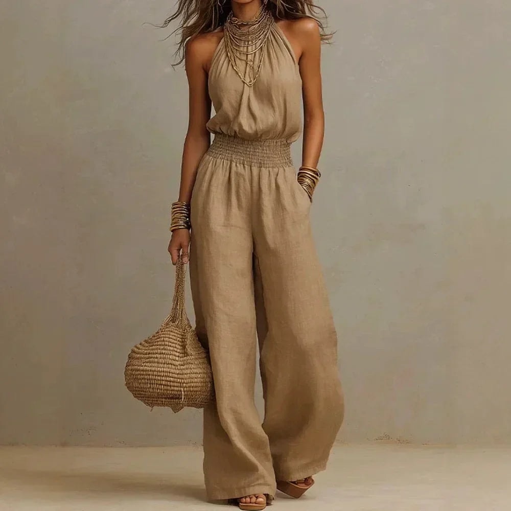 Women's Halter Neck Wide Leg Linen Jumpsuit with Smocked Waist