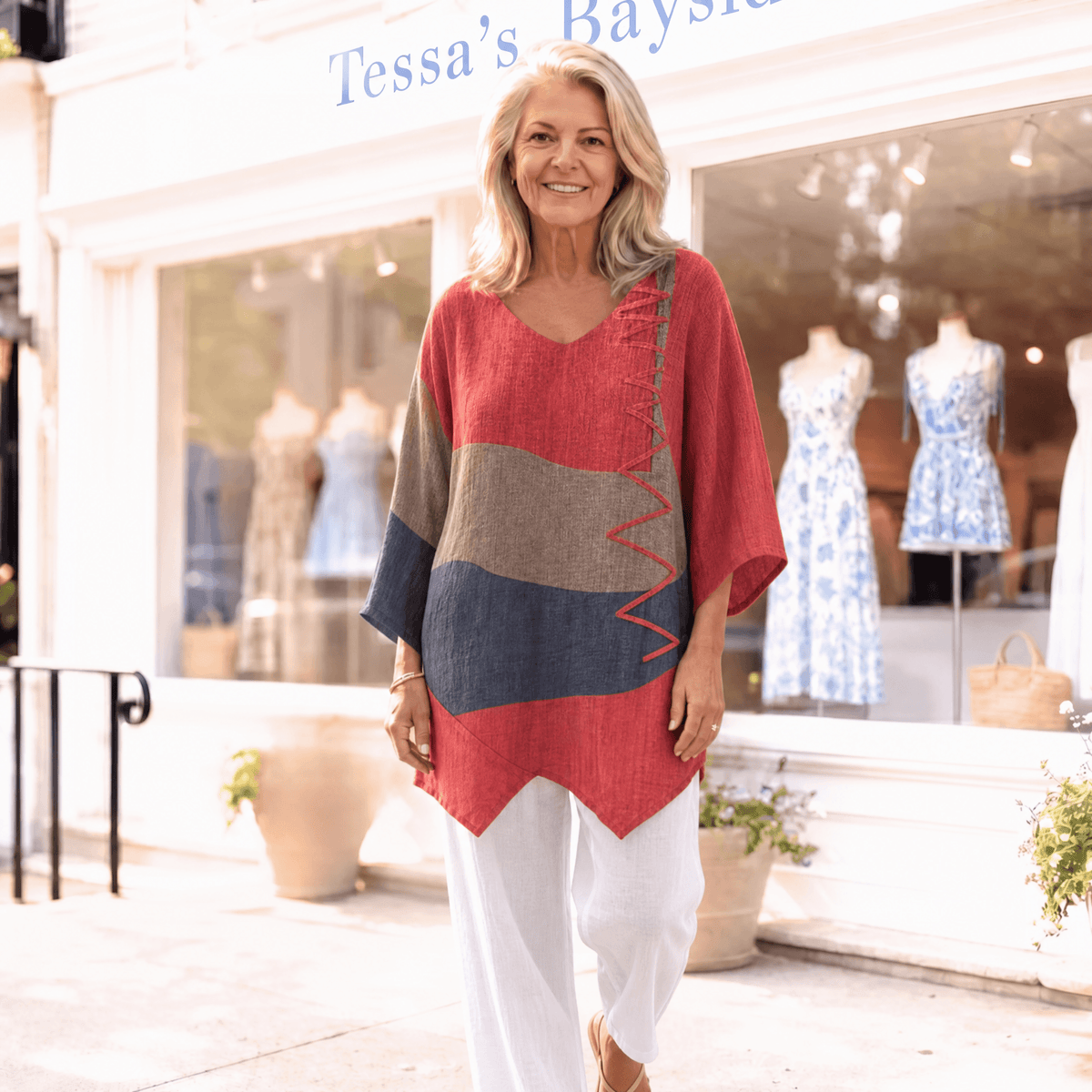 Nora Fitzgerald Colorblock Linen Blouse with Long Sleeves for Women