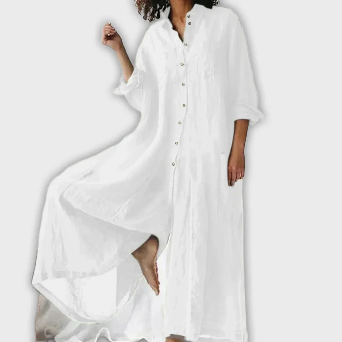 Cecilia Relaxed Button-Down Maxi Dress with Long Sleeves and Patch Pockets
