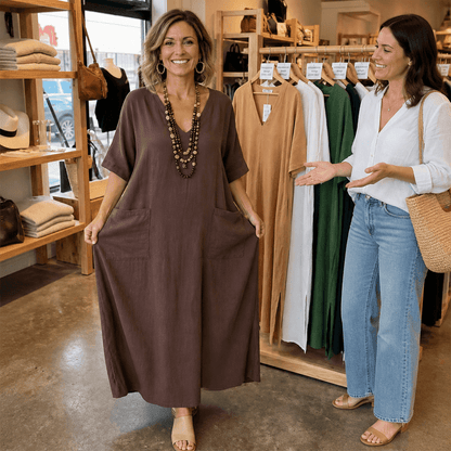Marisole Loose-Fit V-Neck Maxi Dress with Deep Pockets and Side Slits