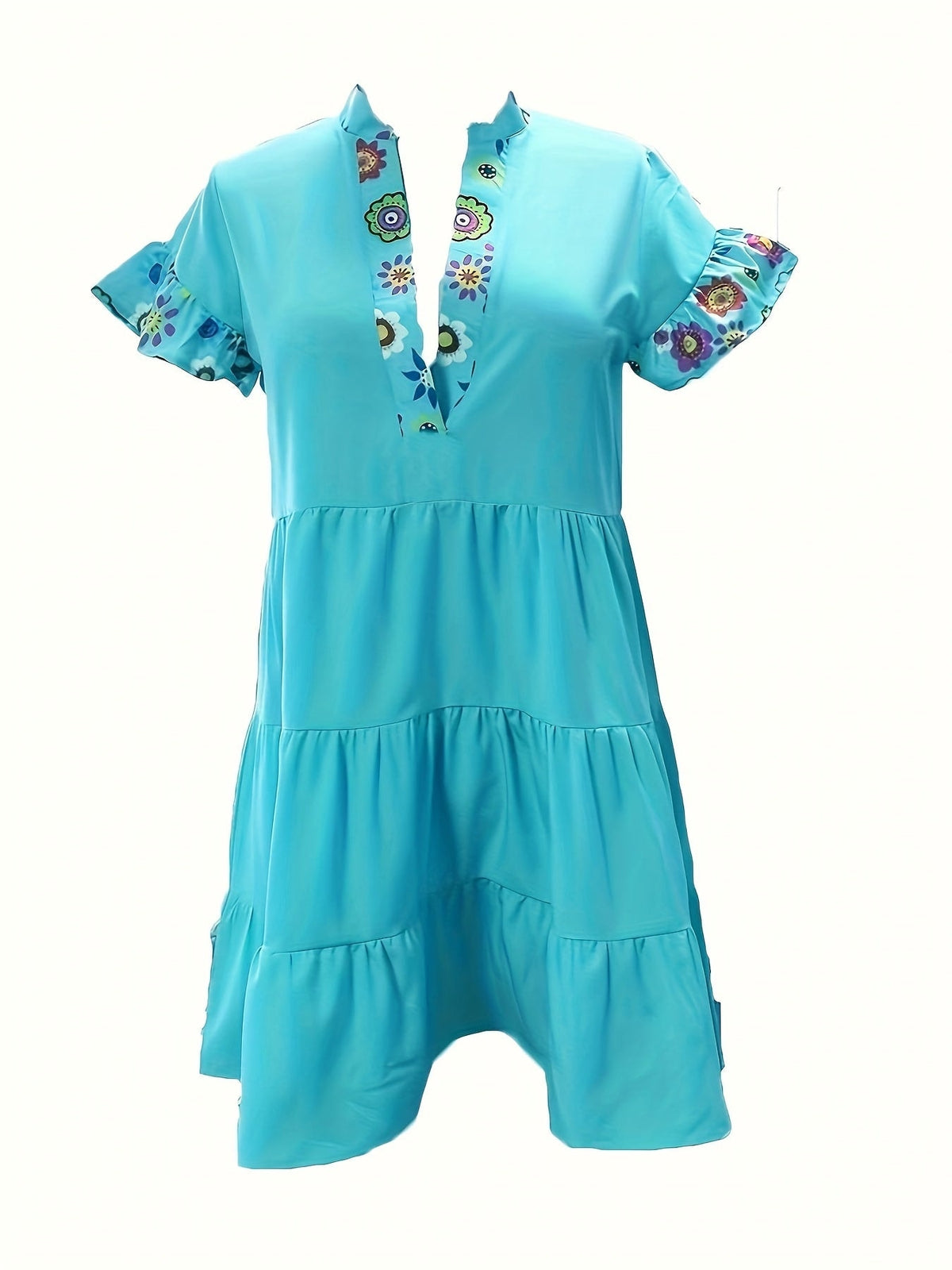 Danielle Boho Tiered Mini Dress with Ruffle Sleeves and Floral Print Trim