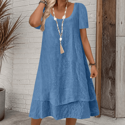 Layered Double-Hem A-Line Cotton Linen Summer Midi Dress for Women with Short Sleeves