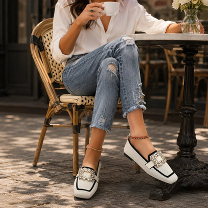 Crystal Buckle Square-Toe Knit Loafer Flats for Women