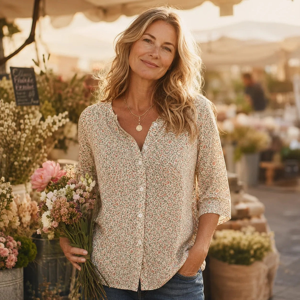 Florenne Ditsy Floral Button-Up Blouse with Three-Quarter Sleeves