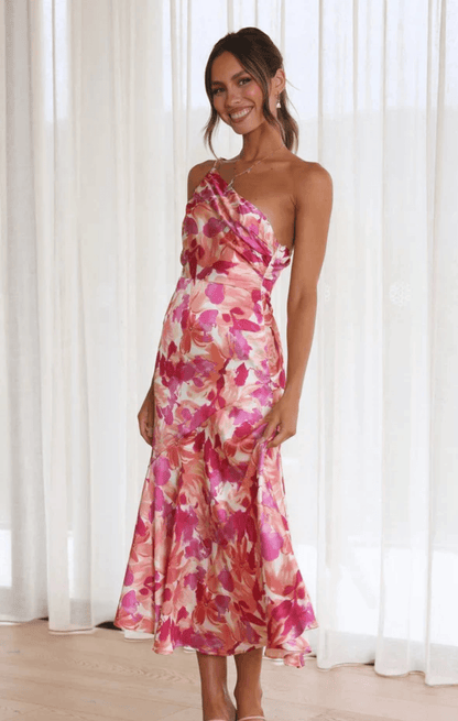 Sophie One-Shoulder Floral Midi Summer Dress in Polyester
