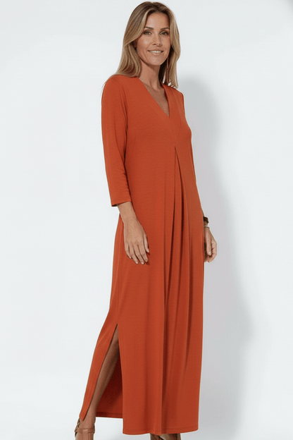 Women's Long Sleeve V-Neck Jersey Knit Maxi Dress with Side Slit