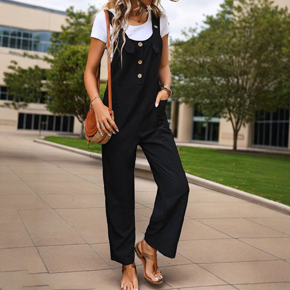 Women's Wide-Leg Overall Jumpsuit with Button-Front Bib