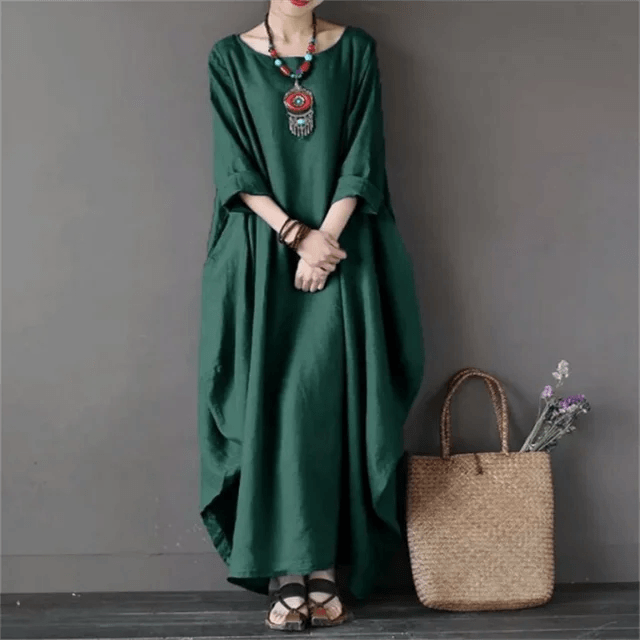 Relaxed Fit Cotton Maxi Dress with Mid-Length Sleeves and Swing Skirt