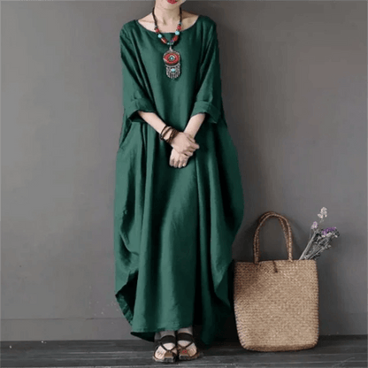 Relaxed Fit Cotton Maxi Dress with Mid-Length Sleeves and Swing Skirt