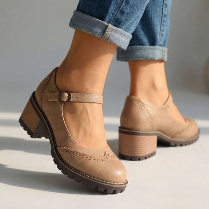 Comfortable Brogue Mary Jane Shoes with Block Heel and Buckle Strap