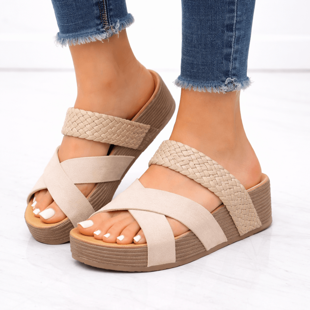 Women's Cushioned Wedge Slide Sandals with Braided Cross Straps