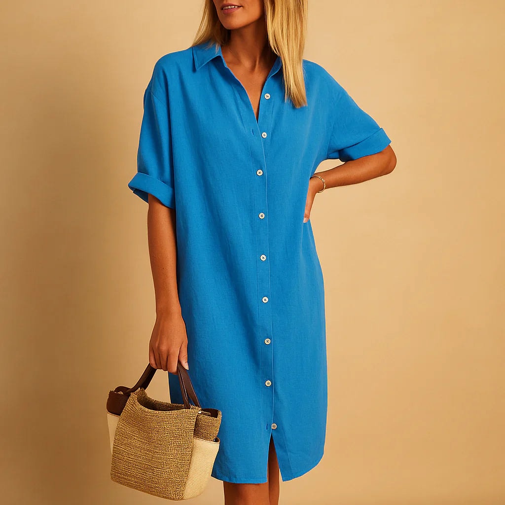 Women's Relaxed Cotton-Blend Button-Down Midi Dress with Short Sleeves