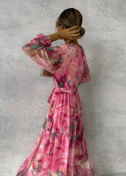 Romilly Floral Chiffon Wrap Maxi Summer Wedding Guest Dress for Women with Long Sleeves