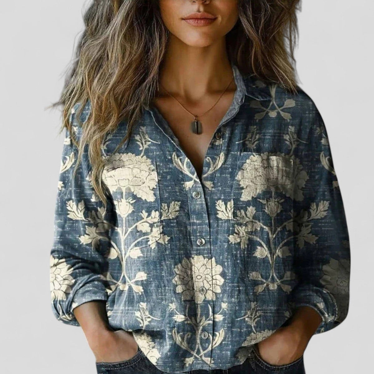 Floral Linen Button-Up Shirt with Chest Pockets and Long Sleeves