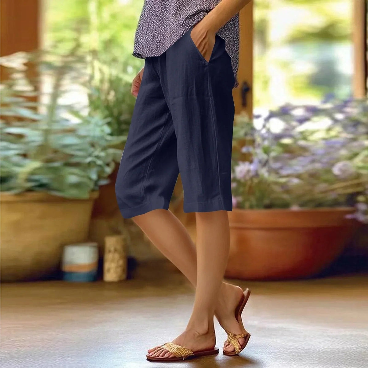 Women's Linen Blend Cropped Shorts with Elastic Waist