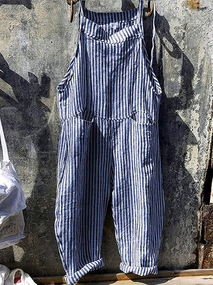 Striped Linen Cotton Jumpsuit with Adjustable Straps and Tapered Leg