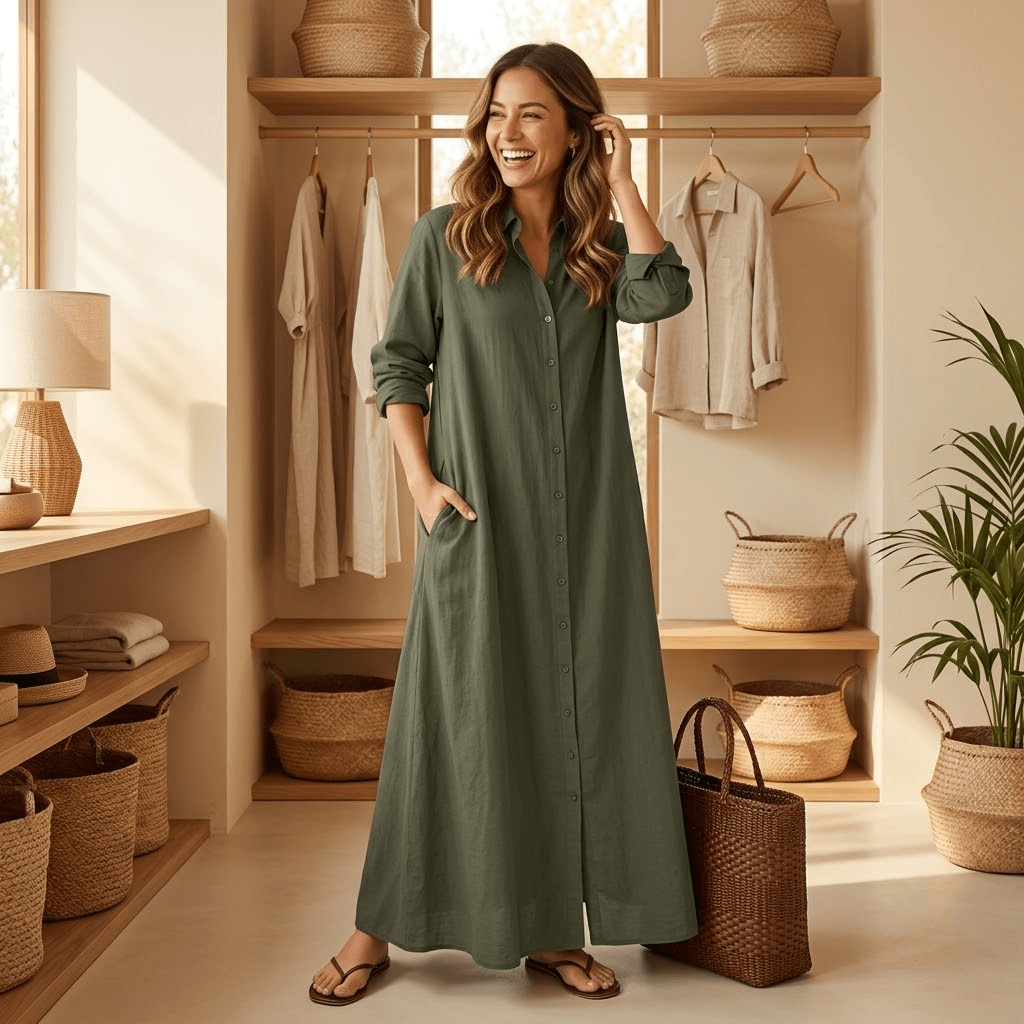 Halvine Button-Through Maxi Shirt Dress with Long Sleeves and Side Pockets